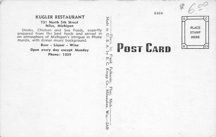 Kugler Restaurant - Postcard Back